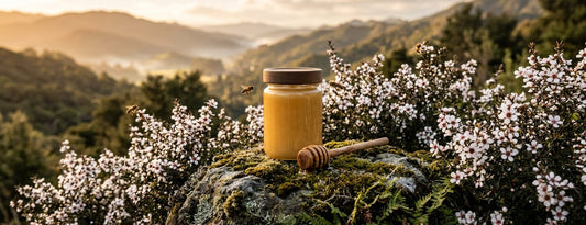 Un pot de miel de Manuka doré et une cuillère à miel en bois sur un rocher moussu, parmi des arbustes de Manuka en fleurs dans les collines de Nouvelle-Zélande